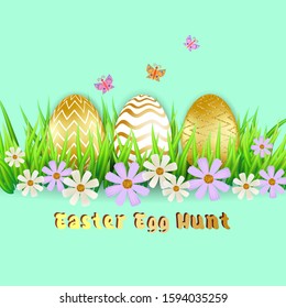 Vector illustration. Spring holidays design. Set of colorful eggs with sign Easter Egg Hunt. Volumetric eggs with grass, flowers and butterflies.
