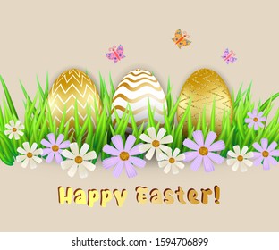 Vector illustration. Spring holidays design. Set of colorful eggs with sign Happy Easter. Volumetric eggs with grass, flowers and butterflies.