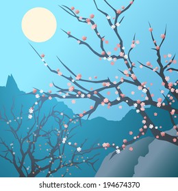 A vector illustration of spring hollow with cherry trees