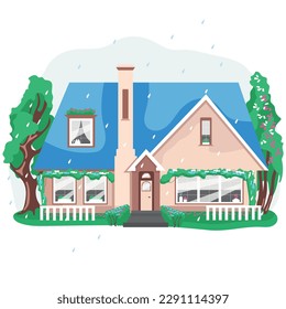 Vector illustration of a spring house with flowers in the rain