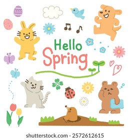 Vector illustration of spring icons and cute animal characters