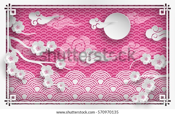 日本の春のベクターイラスト ピンクの背景に雲と日差しと桜の枝 中国の新年の挨拶文用の東洋の柄の枠 ポスターまたはバナー 紙切れスタイル のベクター画像素材 ロイヤリティフリー