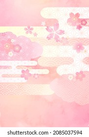 Vector illustration of spring Japanese pattern flowers and clouds