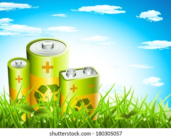Vector illustration of spring landscape and battery. Eco concept.
