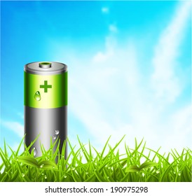 Vector illustration of spring landscape and battery. Eco concept.