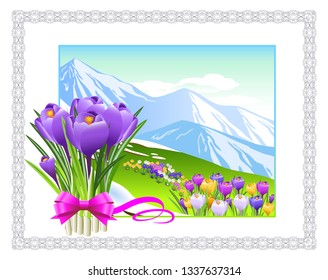 Vector Illustration. Spring landscape and bouquet of crocuses in decorative frame. Spring greeting card.
