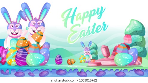 Vector illustration, spring landscape with cartoon rabbit character and Easter eggs. Egg hunt banner design. - Vector
