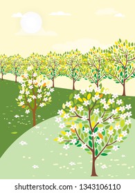 Vector illustration of Spring landscape with Cherry blossom on sunny day, Vector Summer in the park with flowers blooming, Spring or Summer Background for banner and card 