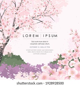 Vector illustration of spring landscape with cherry trees in full bloom. Design for social media, party invitation, Print, Frame Clip Art and Business Advertisement and Promotion