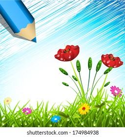 Vector illustration of spring landscape drawn with crayons.