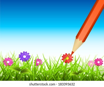 Vector illustration of spring landscape drawn with crayons.