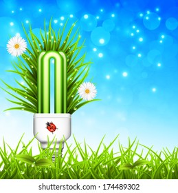 Vector illustration of spring landscape and eco bulb. Eco concept.