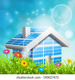 Vector illustration of spring landscape and Eco house.