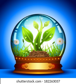 Vector illustration of spring landscape and glass ball.