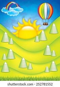Vector illustration of spring landscape with hot air balloon and rainbow