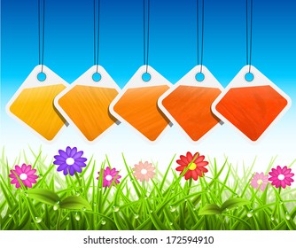 Vector illustration of spring landscape and labels.
