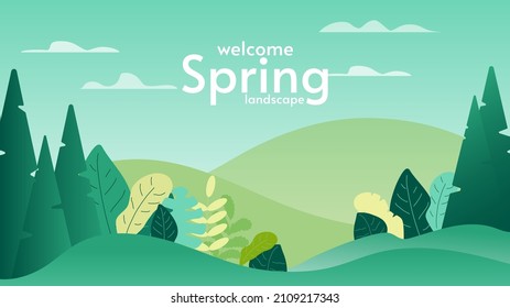 Ilustración vectorial. Paisaje de primavera. Hojas y árboles en primer plano y colinas con montañas en segundo plano. Colores hermosos. Estilo plano. Diseño para fondo de pantalla, fondo, álbum, tarjeta de saludo. 