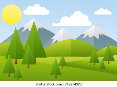 Vector illustration of spring landscape, mountain, forest in flat style.