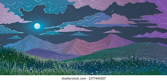 Vector illustration of spring landscape. Mountains, grass and meadows with flowers at night.