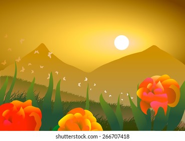 Vector illustration. Spring landscape. Roses, butterflies and mountains at sunset.