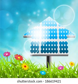 Vector illustration of spring landscape and solar panels.