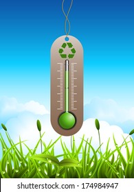Vector illustration of spring landscape and thermometer. 