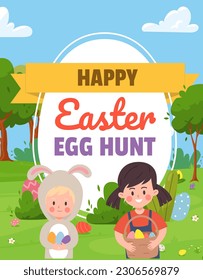 Vector illustration of spring lawn with easter eggs scattered on it, girls in a rabbit costume and eggs in hands, in the center is large egg with text. Great background for decoration, postcards