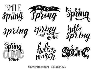 Vector illustration of spring lettering isolated set with decorative elements.  Spring time lettering greeting cards set special springtime sale typography poster. Spring lettering design