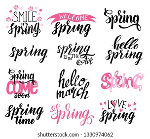 Vector illustration of spring lettering isolated set with decorative elements.