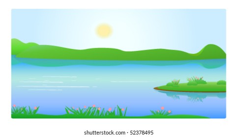 Vector illustration of spring mountains and lake landscape.
