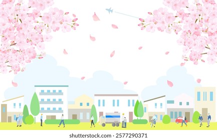 Vector illustration of a spring move, a cityscape and people - Landscape with cherry blossoms - Vector illustration