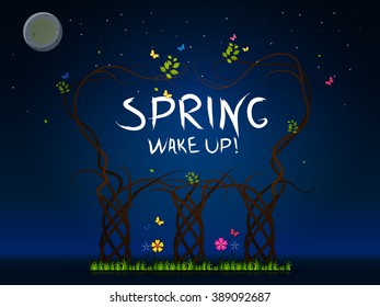vector illustration of a spring night with the young leaves on the tree, lush grass butterflies moon and stars. Handwritten text - spring, Wake up!