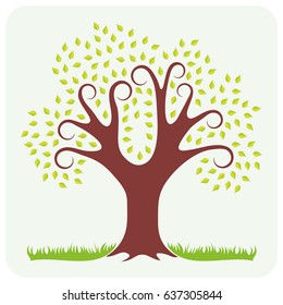 Vector illustration of a spring. One tree with green leaves and grass.