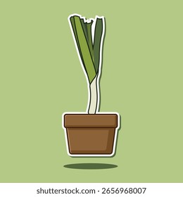 Ilustración vectorial de cebolla de primavera en una olla aislada sobre fondo verde