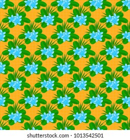 Vector illustration. Spring paper with abstract cute plumeria flowers in green, yellow and blue colors. Floral seamless pattern.