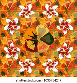 Vector illustration. Spring paper with abstract cute cosmos flowers in orange, yellow and green colors. Floral seamless pattern.