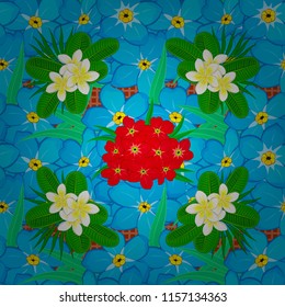 Vector illustration. Spring paper with abstract cute primrose flowers in green, red and blue colors. Floral seamless pattern.