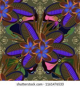 Vector illustration. Spring paper with abstract cute plumeria flowers in blue, green and brown colors. Floral seamless pattern.