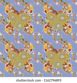 Vector illustration. Spring paper with abstract cute rose flowers and green leaves in orange, yellow and blue colors. Floral seamless pattern.