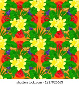 Vector illustration. Spring paper with abstract cute plumeria flowers in orange, green and yellow colors. Floral seamless pattern.