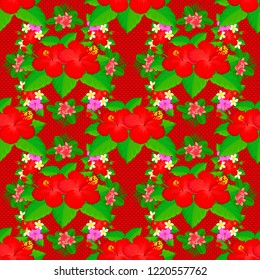 Vector illustration. Spring paper with abstract cute hibiscus flowers in pink, red and green colors. Floral seamless pattern.