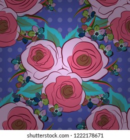 Vector illustration. Spring paper with abstract cute rose flowers and leaves in red, blue and pink colors. Floral seamless pattern.
