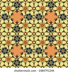 Vector illustration. Spring paper with abstract cute flowers in brown, green and orange colors. Floral seamless pattern.