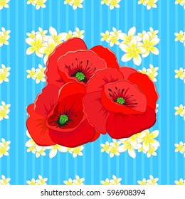 Vector illustration. Spring paper with abstract cute poppy flowers on a blue background. Floral seamless pattern.