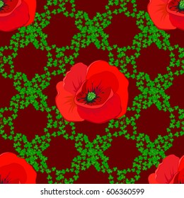Vector illustration. Spring paper with abstract cute poppy flowers on a red background. Floral seamless pattern.