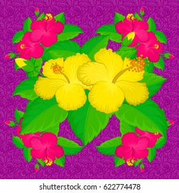Vector illustration. Spring paper with abstract cute hibiscus flowers on a purple background. Floral seamless pattern.