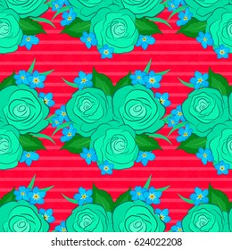 Vector illustration. Spring paper with abstract cute rose flowers and green leaves on a red background. Floral seamless pattern.