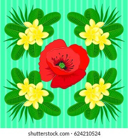 Vector illustration. Spring paper with abstract cute plumeria flowers on a green background. Floral seamless pattern.