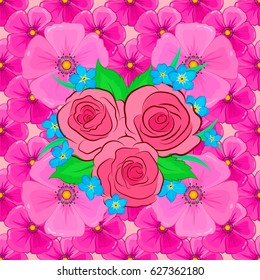 Vector illustration. Spring paper with abstract cute rose flowers and green leaves on a pink background. Floral seamless pattern.
