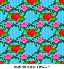 Vector illustration. Spring paper with abstract cute hibiscus flowers on a blue background. Floral seamless pattern.
